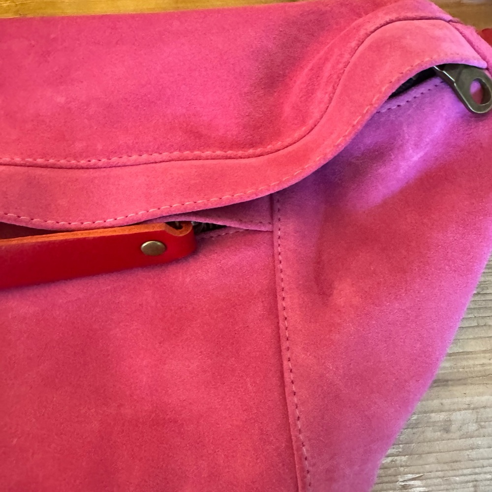 Parker Thatch Pink Suede Sling Crossbody Bag with Red Accent - Picture 6 of 9